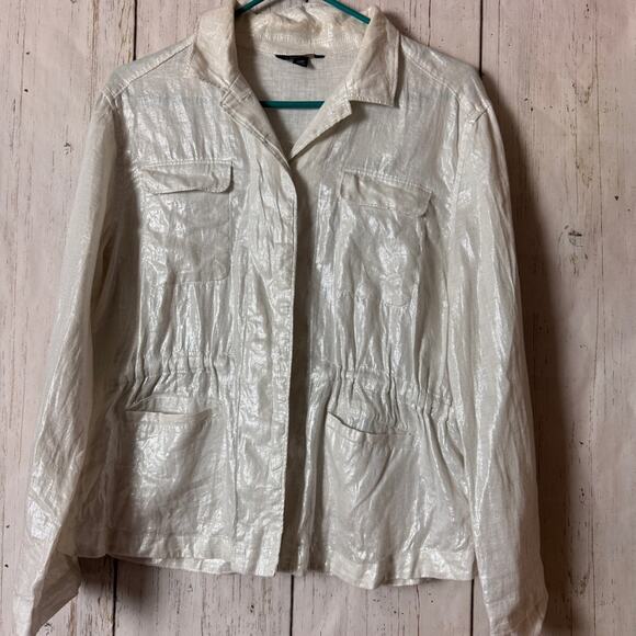Land’s End Button Front Shimmering White Women's Jacket Sz 12P - Picture 1 of 11